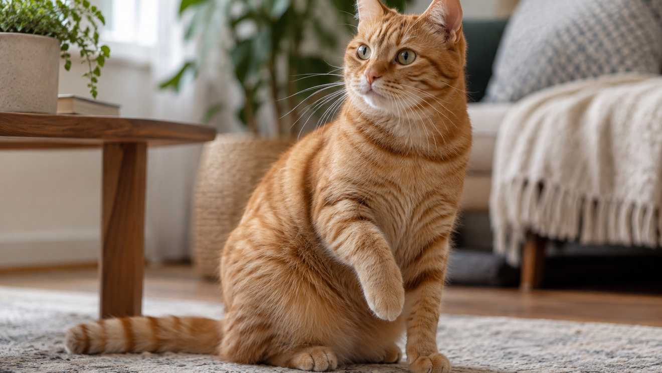 Rote gestreifte Katze im Wohnzimmer sitzend